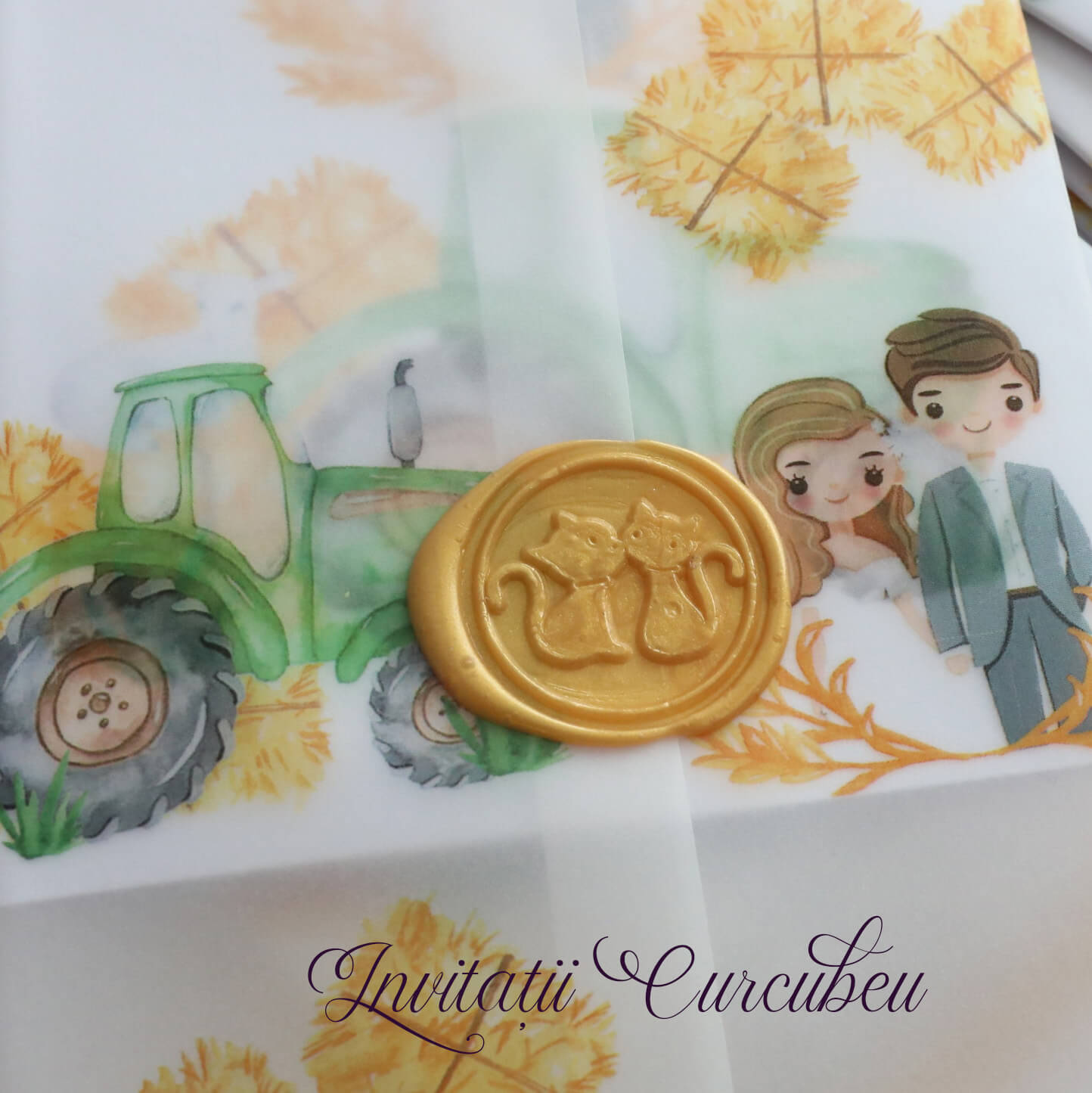 Invitație de nuntă - Agricultură cu animăluțe și tractor verde - imagine 2