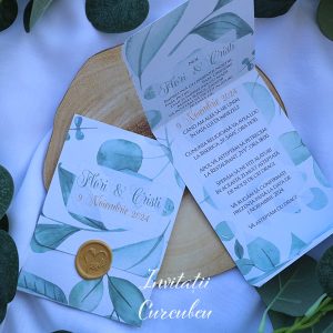 Invitație de nuntă cu frunze verzi