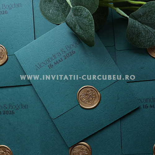 Invitație de nuntă verde pădure cu sigiliu – model elegant - imagine 2