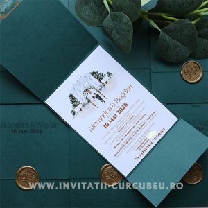 Invitație de nuntă verde pădure cu sigiliu – model elegant