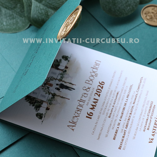 Invitație de nuntă verde pădure cu sigiliu – model elegant - imagine 3