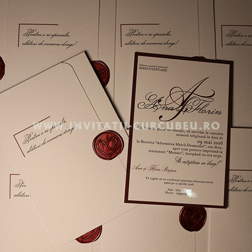 Invitație de Nuntă cu Sigiliu – Model Elegant cu Accente Bordo