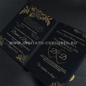 Invitație de Nuntă Neagră cu Auriu și Sigiliu