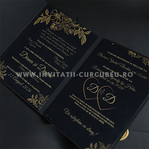 Invitație de Nuntă Neagră cu Auriu și Sigiliu