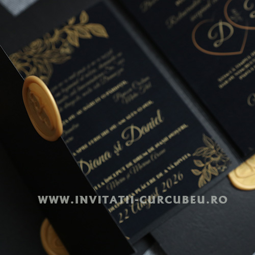 Invitație de Nuntă Neagră cu Auriu și Sigiliu - imagine 2