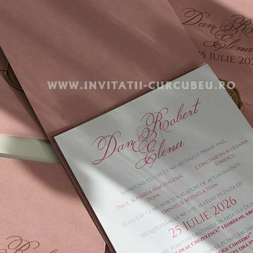Invitație de Nuntă Roz Pudrat cu Sigiliu Auriu - imagine 4