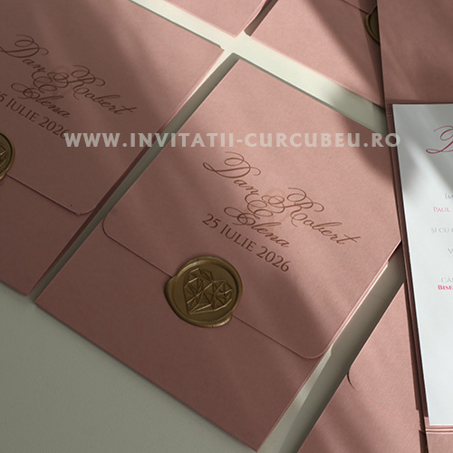 Invitație de Nuntă Roz Pudrat cu Sigiliu Auriu - imagine 3
