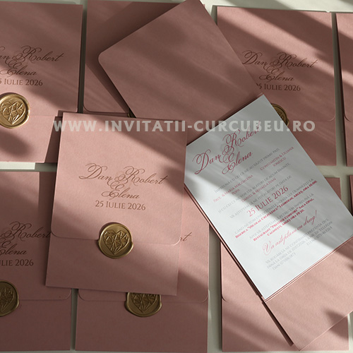 Invitație de Nuntă Roz Pudrat cu Sigiliu Auriu