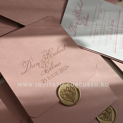 Invitație de Nuntă Roz Pudrat cu Sigiliu Auriu - imagine 2