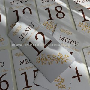 Meniu de Nuntă cu Număr de Masă – Alb și Auriu