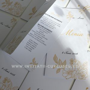 Meniu de Nuntă Floral Alb cu Auriu