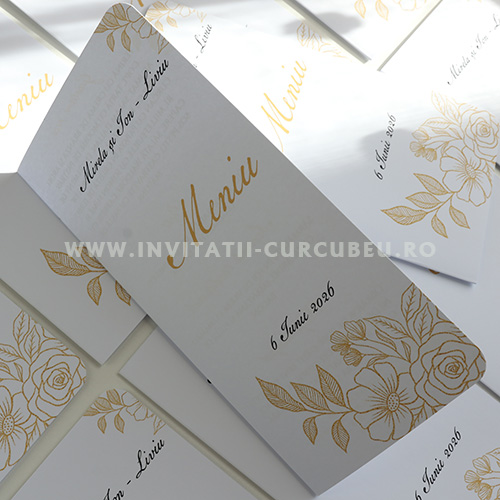 Meniu de Nuntă Floral Alb cu Auriu - imagine 3