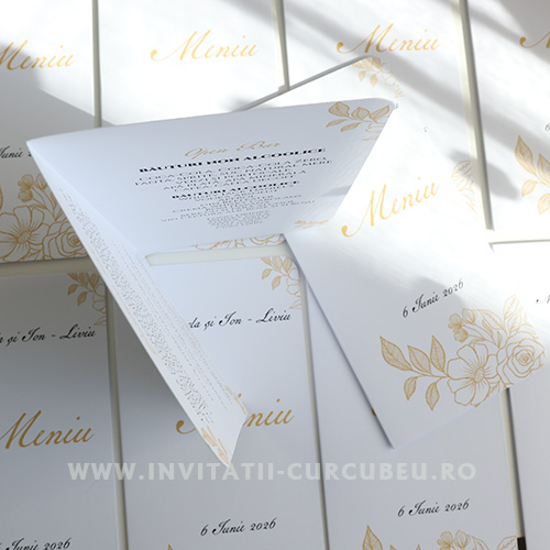 Meniu de Nuntă Floral Alb cu Auriu - imagine 2
